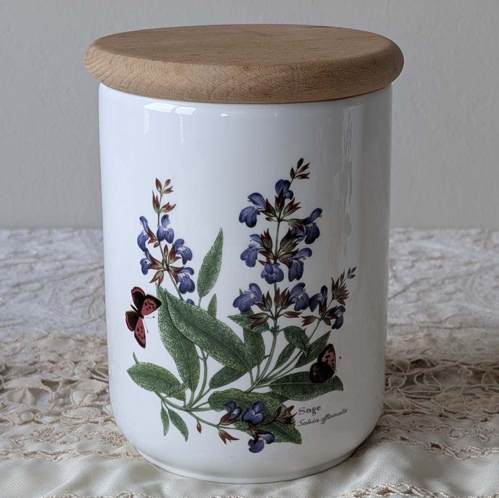 Royal Worcester Herbs Sage Canister Jar Wooden Lid Porcelain 8" Tall X5.75" Dia